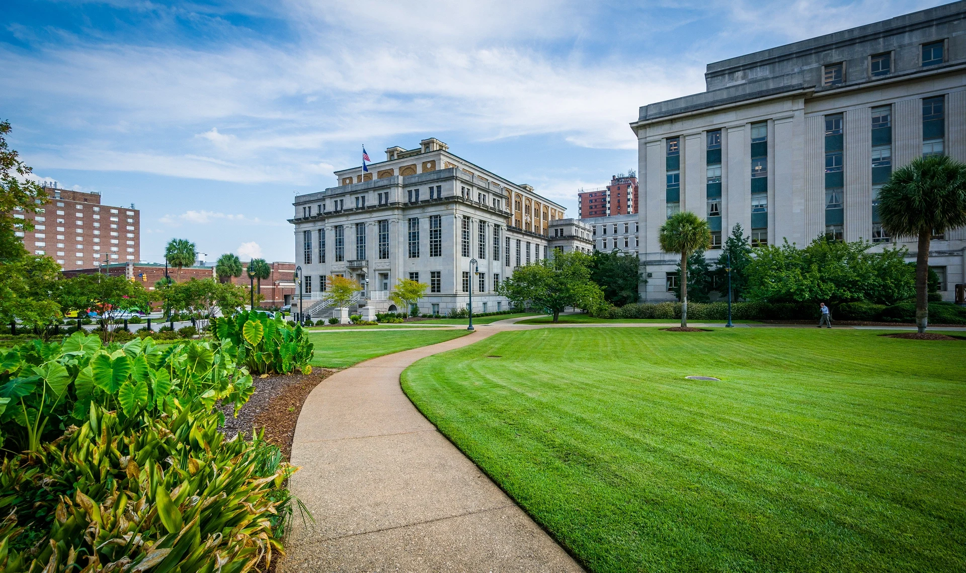 Pathway through a green lawn with trees leading to two large classical-style government buildings under a blue sky