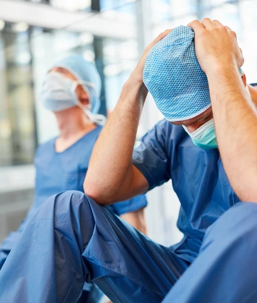 Distressed medical professional in surgical scrubs and a face mask sitting with hands on their head, while another healthcare worker stands in the background
